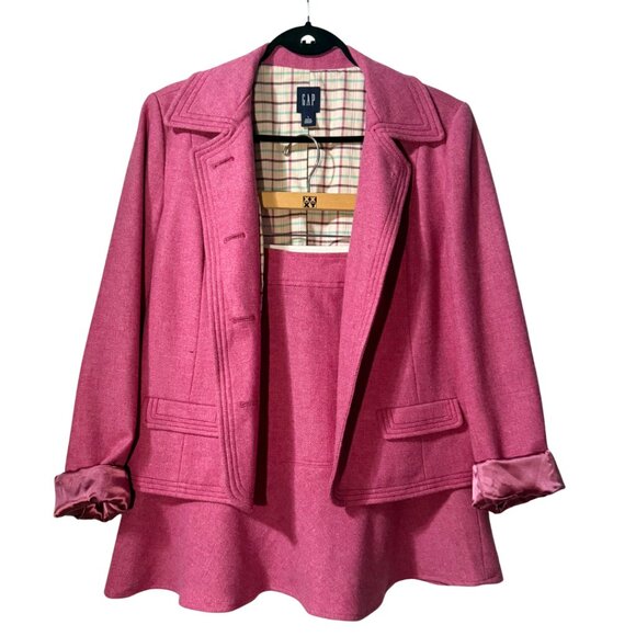 Gap Women’s Wool Blend Blazer + Matching Skirt Set Pink Tartan L / 6 - Picture 3 of 17